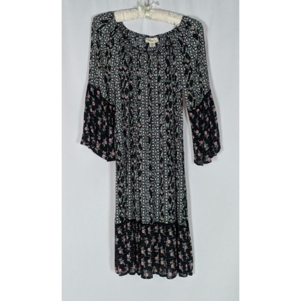 NWT Style & Co Dress PS Women's Black Floral Bell Sleeve Stretch Pullover